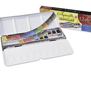 Sennelier French Artists' Watercolors - Set of 12 Plus 6, Metal Case, Half Pans